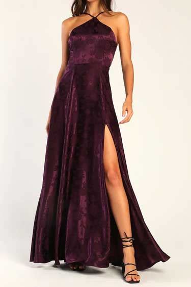 Elegant Sophistication Purple Satin Jacquard Halter Maxi Dress Best Maxi Dress