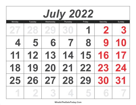 2022 Calendar July With Large Numbers Whatisthedatetodaycom