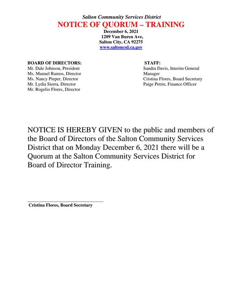 Notice Of Quorum Salton Community Services District