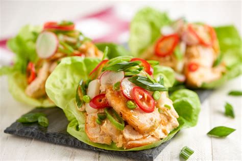 Discover some chicken salad recipe ideas and a few of the many alternatives you can use in a chicken salad. Sweet Chili Chicken Lettuce Wraps with radishes, green ...
