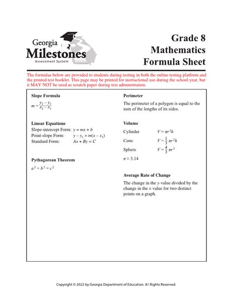 Georgia United States Grade 8 Mathematics Formula Sheet Georgia