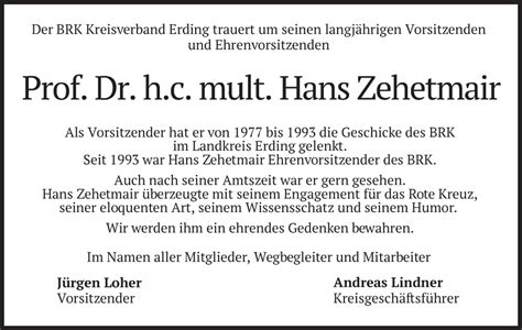 Traueranzeigen Von Hans Zehetmair Trauermerkurde