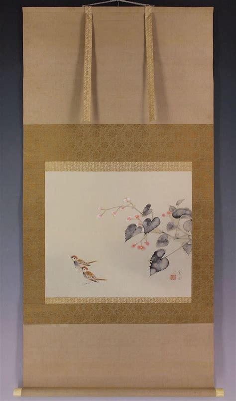 Japanese Fine Art Wall Hanging Scroll Painting Sparrows Under Etsy