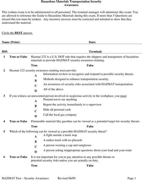 Free Printable Hazmat Questions And Answers