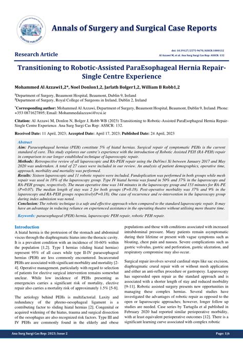 Pdf Transitioning To Robotic Assisted Paraesophageal Hernia Repair