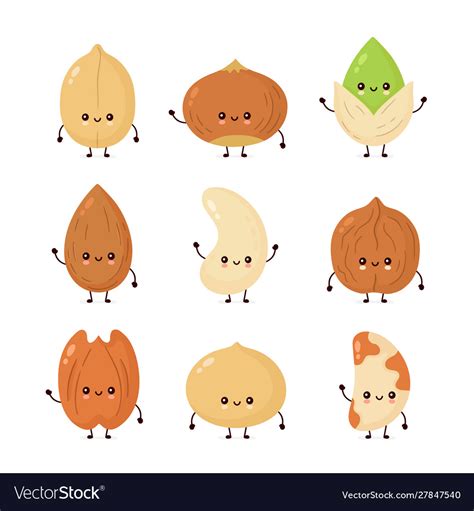 Cute Happy Nuts Set Collection Flat Royalty Free Vector