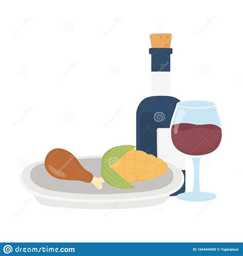 Happy Thanksgiving Day Dinner Wine Bottle Corn And Turkey Leg Stock