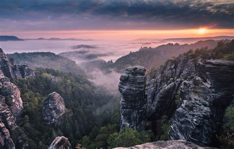 Nature Landscape Sunrise Germany Mist Rock Forest Clouds Sky