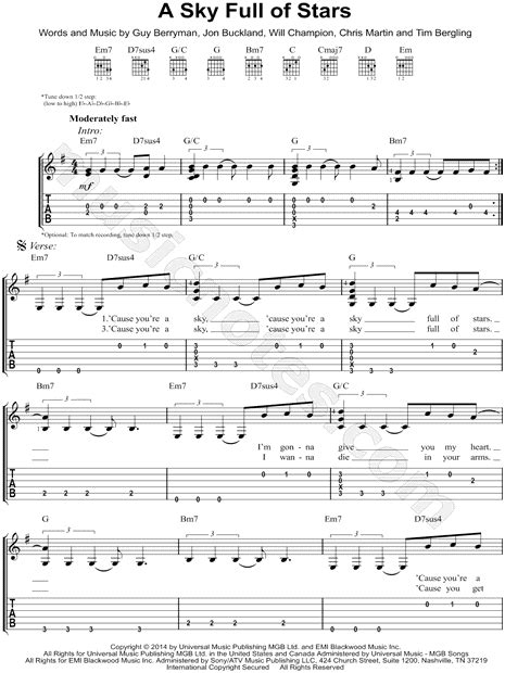 Coldplay A Sky Full Of Stars Guitar Tab In E Minor Download And Print