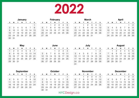 2022 Calendar Printable Free Horizontal Green Hd Sunday Start