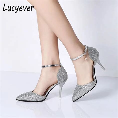 Fashion Buckle Crystal Bling Pumps Women Elegant Thin High Heels Point Toe Party Wedding Shoes
