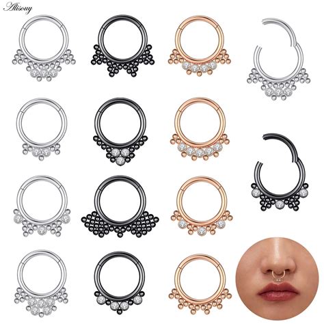 Alisouy 1pc Zirconia Stainless Steel Ball Hinged Clicker Nose Septum Ring Segment Daith Helix