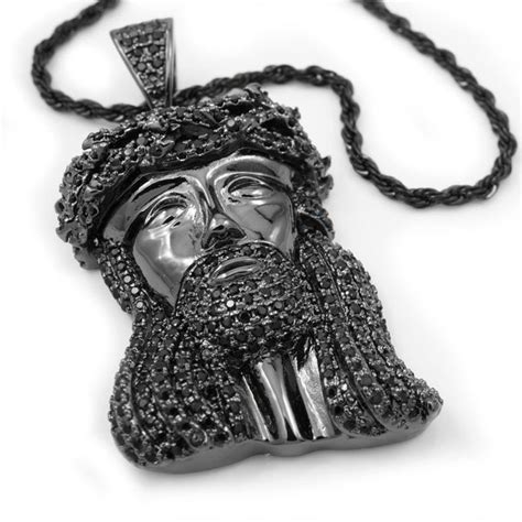 18k Black Gold Mini Jesus Piece 4 With Rope Chain Nivs Bling