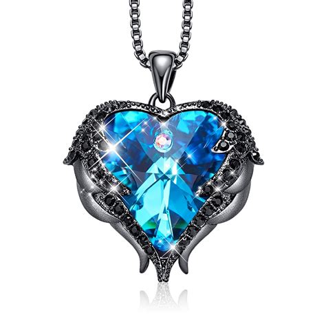 Dark Blue Heart And Wing Necklace With Swarovski Crystals 24 Style