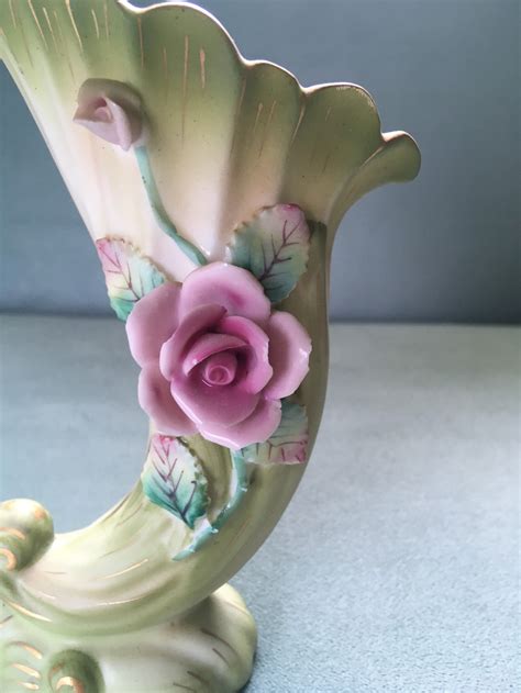 Lefton China Green Rose Fan Vase Etsy