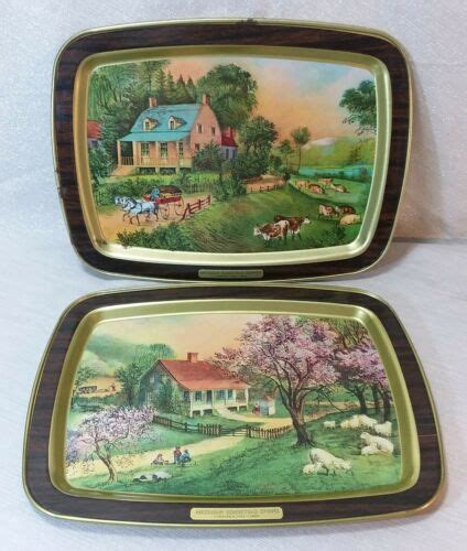 2 Vtg Currier And Ives Serving Trays American Homestead Summer And Spring