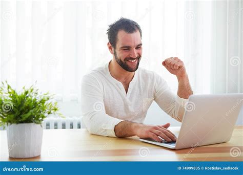 Happy Man Working With Laptop Stock Image Image Of Rejoices Happy