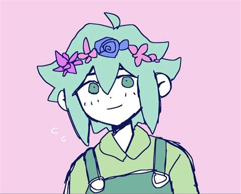 A Drawing Of A Girl With Blue Hair And Flowers On Her Head Wearing Overalls