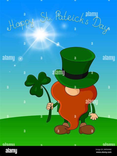 Happy St Patricks Day Card Leprechaun Hold Shamrock Vector Illustration Stock Vector Image