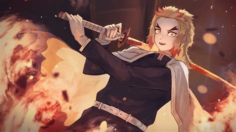 Kimetsu no yaiba, kyojuro rengoku. Demon Slayer Kyojuro Rengoku With Sword Holding On ...