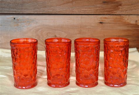 4 Vintage 12oz Mcm Tangerine Orange Glass Drinking Glasses Etsy