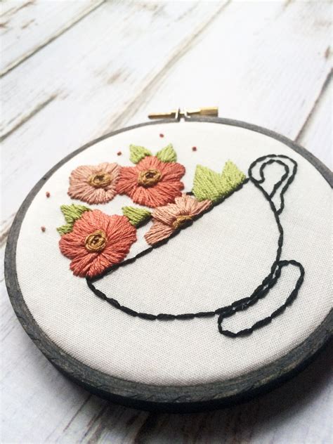 Tea Cup Embroidery Hand Embroidery Tea Art Tea Lovers Floral Etsy