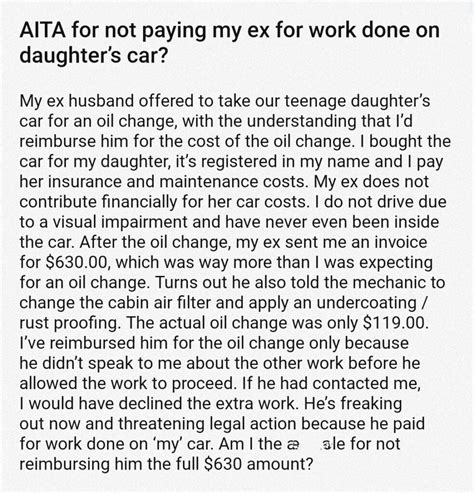 Aita For Not Paying My Ex For Work Done On Daughter Car