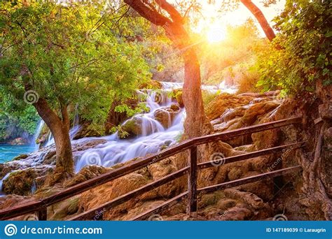 Amazing Nature Landscape Famous Waterfall Skradinski Buk At Sunrise