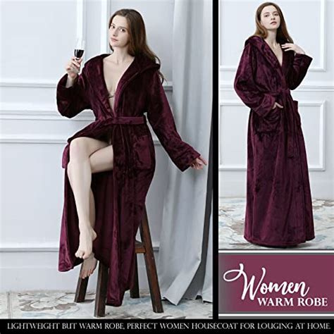 Hellomamma Long Hooded Robe For Women Luxurious Flannel Fleece Full Length Bathrobe Winter Warm