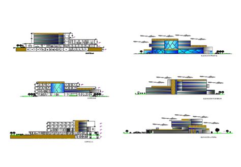 Multi Level Hospital All Sided Elevation And Sections Cad Drawing