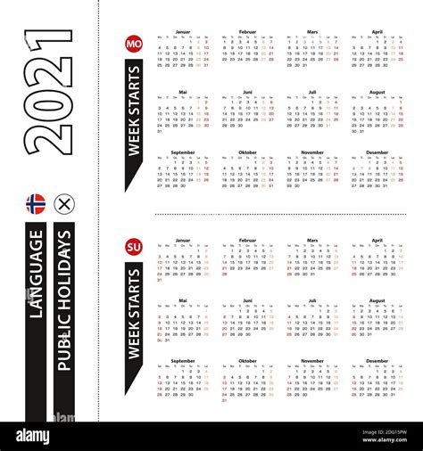 Two Versions Of 2021 Calendar In Norwegian Week Starts From Monday And