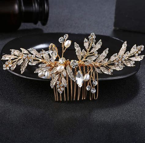 Denifery Wedding Gold Rhinestone Pearls Flower And Leaf Hair Comb Bridal Vintage