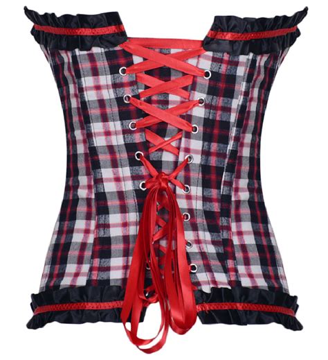So Plaid Corset Red Black White Plaid Satin Bow And Ruffle Strapless Overbust Lace Up Back