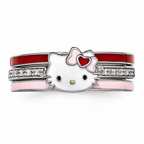 Solid Hello Kitty 925 Sterling Silver Stackable Enamel Swarovski Cz Cubic Zirconia 3 Engagement