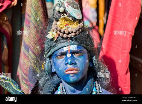 Indian Boy About 11 Years Transformed With Blue Makeup Into The Hindu