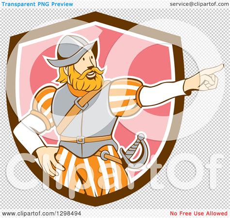 Clipart Of A Retro Cartoon Spanish Conquistador Pointing In A Brown White And Pink Shield
