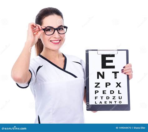 Young Female Doctor Ophthalmologist With Eye Test Chart Isolated On