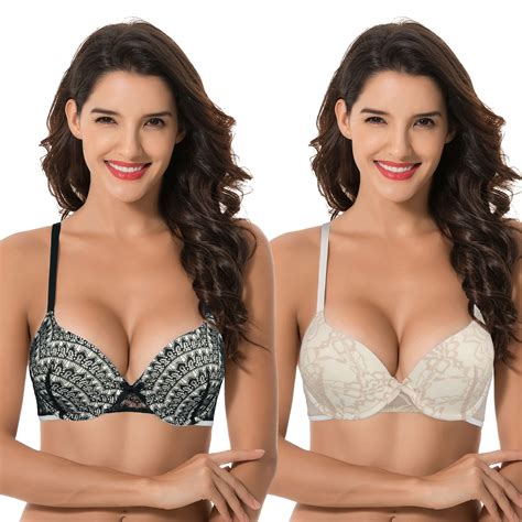 Curve Muse Womens Plus Size Perfect Shape Add 1 Cup Push Up Underwire Lace Bras 2pk Blacknude