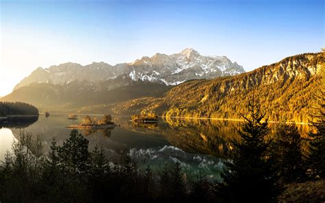 Download Wallpapers Lake Eibsee 4k Spring Mountains Sunset