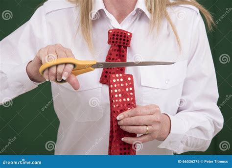 Woman Cutting Through A Necktie With Scissors Stock Image Image Of Destroy Female
