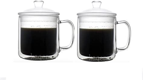 Purva Double Walled Insulated Clear Lead Free Glass Coffee Mugs With Glass Lids Set Of 2 350