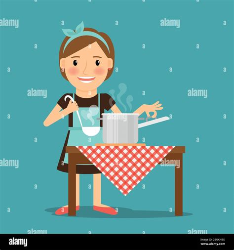 Mother Cooking Woman Cooking In Kitchen Housewife Family Lifestyle Vector Illustration Stock