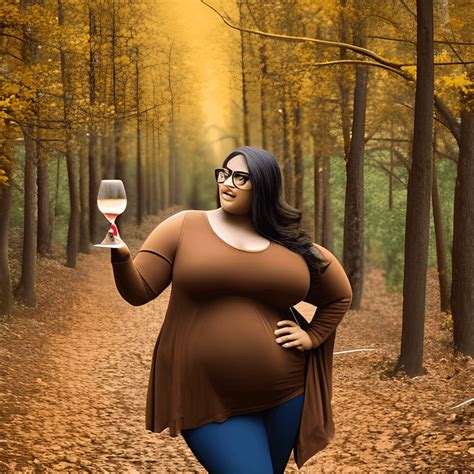 Beautiful Curvy Woman In Forest In Autumn Holding A Wine Glass