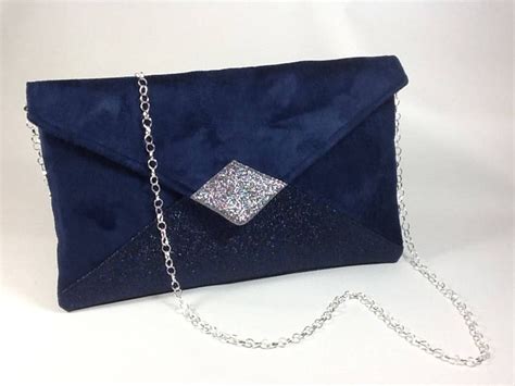Navy Blue Wedding Clutch Bag Silver Glitter Suede Shaped Etsy