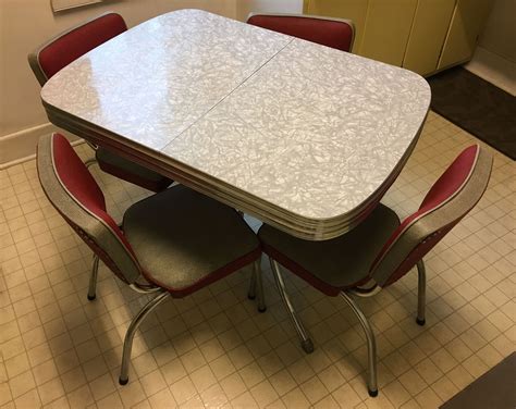 Our Gray Cracked Ice Formica Table With Gray And Red Chairs Formica Table Retro Kitchen