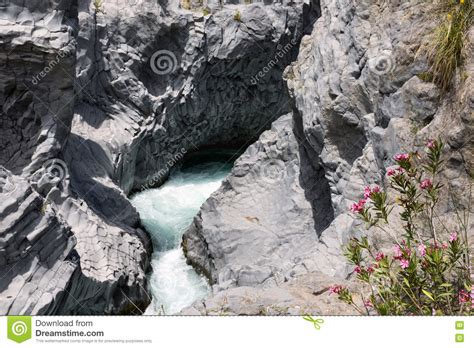 Gole Alcantara With Wild Flowing River At Sicily Italy Stock Photo