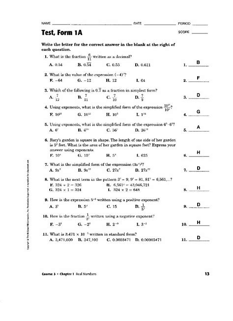 Pdf Test Form 1a Score Math8