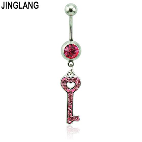 Jinglang Body Piercing Fashion Belly Button Rings Surgical Steel Barbells Dangle Pink Rhinestone