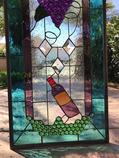 Cheers! Wine Bottle, Diamonds & Grapes Leaded Stained Glass Window