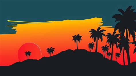 Sunset Coconut Tree Landscape Minimalist Minimalism 4k 21790